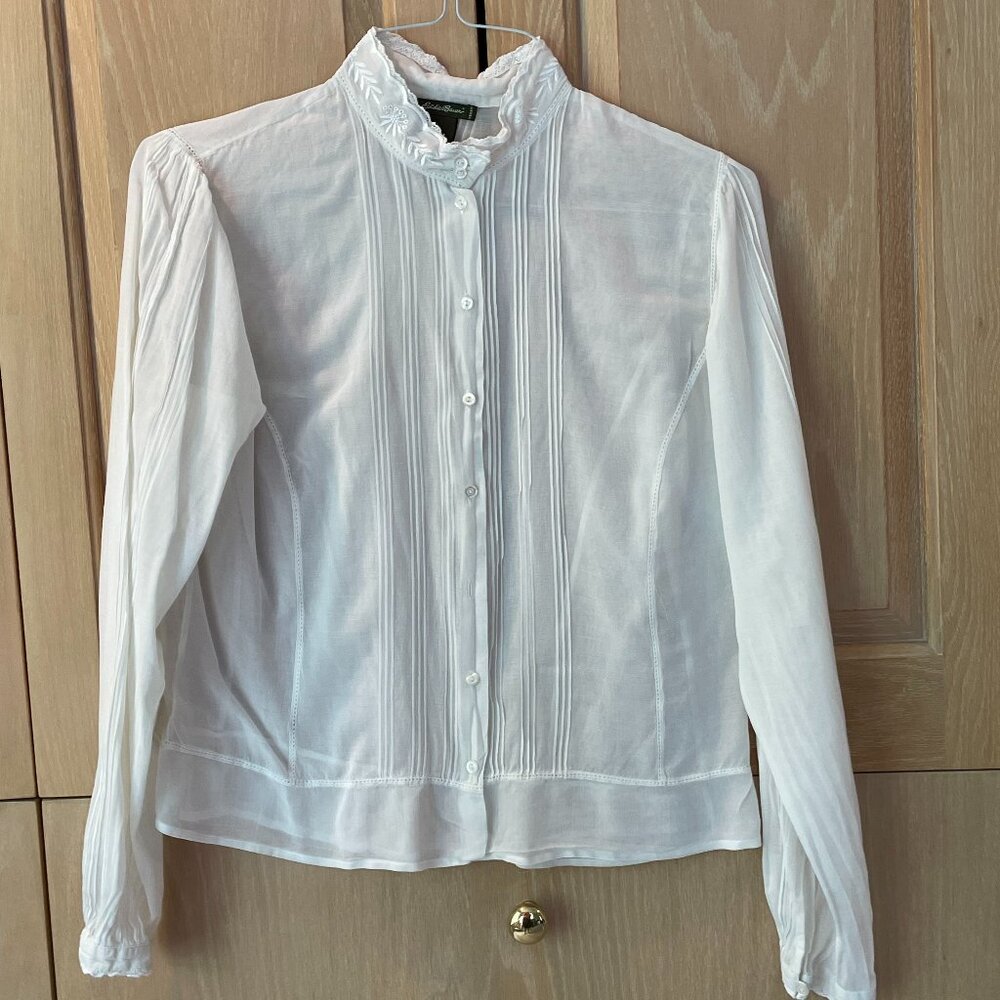 Eddie Bauer White Long-Sleeve Blouse with Pleats, Lace & Embrodiery Detail